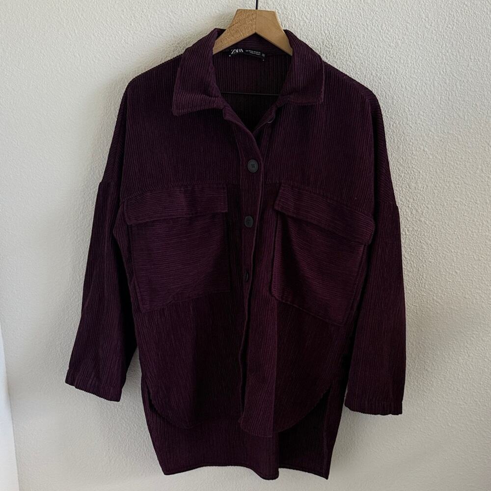 Zara Corduroy Utility Shacket Jacket Dark Purple Ribbed Longline XS